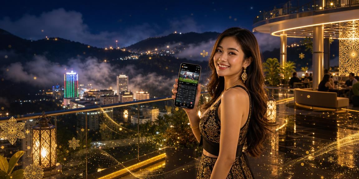 Pengguna mengakses bahagian sukan cm2 melalui telefon mudah alih di Genting Highlands bergaya Melayu moden